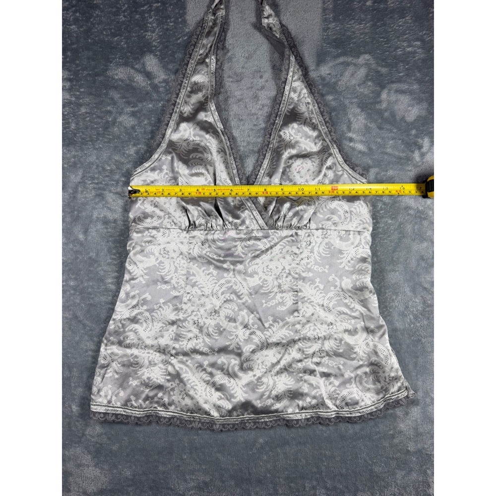 The Limited Silk Halter Top Grey Damask Lace Trim Smocked Back Blouse Womens M - Picture 8 of 9